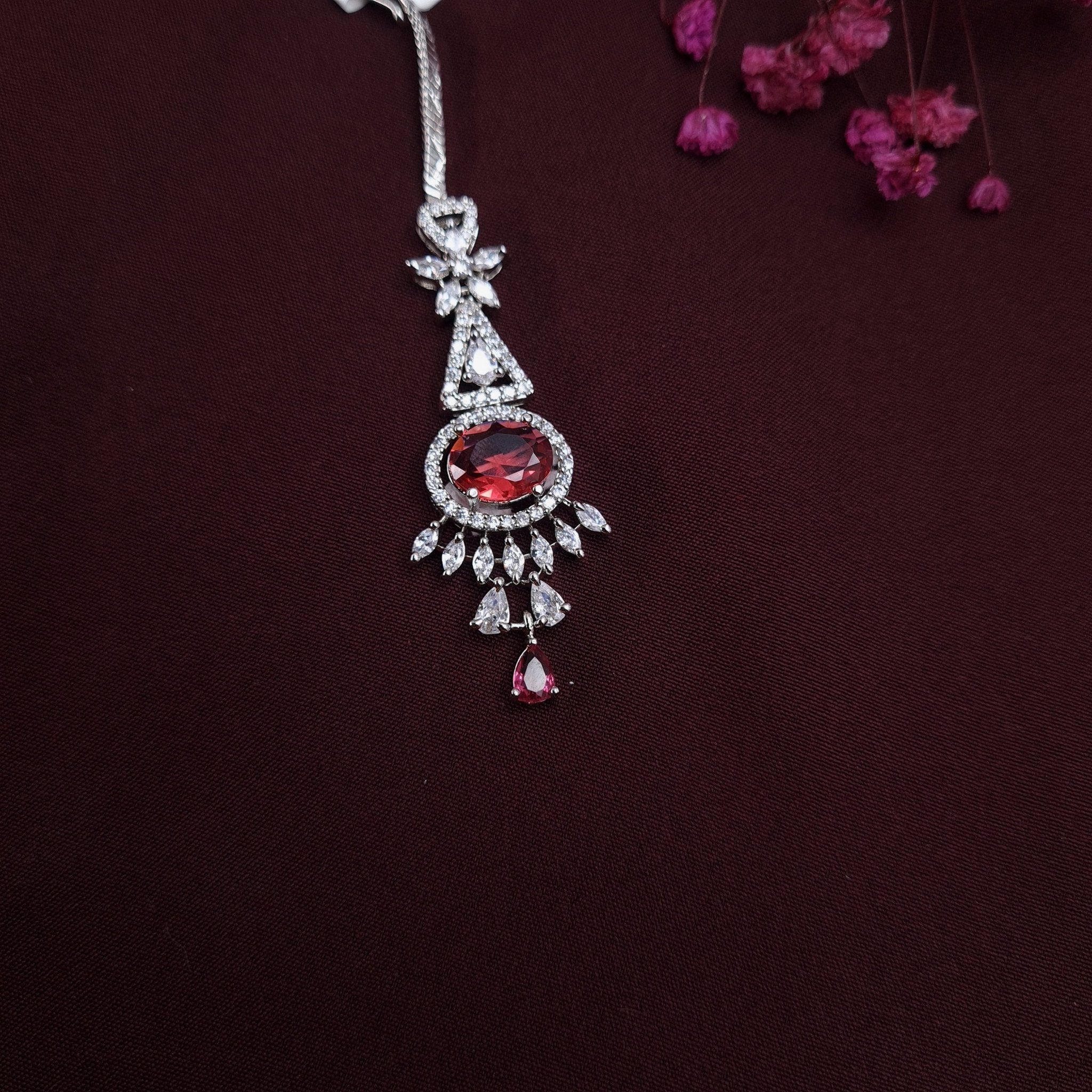 Regal Radiance Oval Maang Tikka – Ruby & Crystal Edition – Bridal & Wedding Jewelry jewellery - Maangtikka | Ivvati Art Jewellery