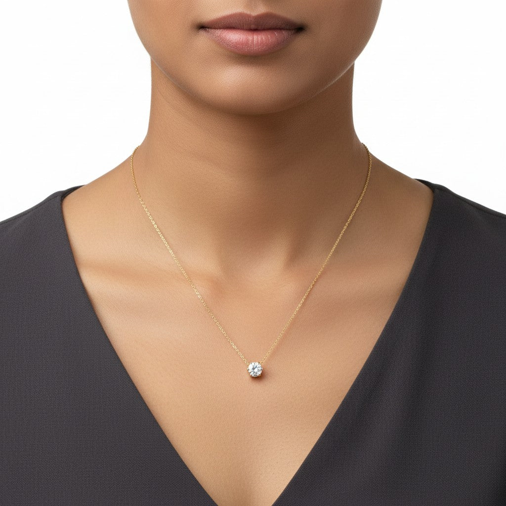 Round solitaire gold necklace for women with clear stone pendant