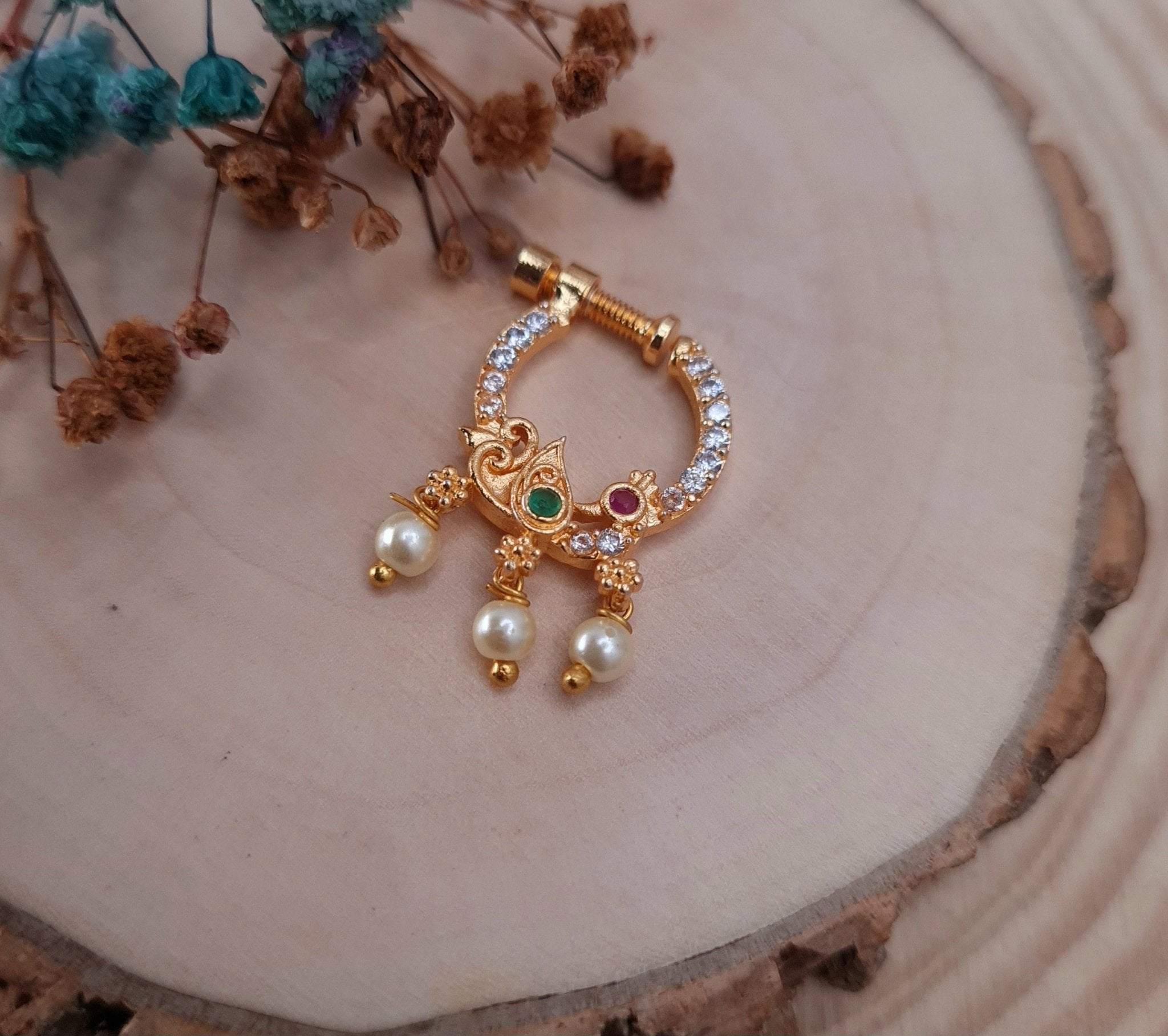 Royal Drop CZ Nath with Pearls & Meena Detail jewellery - Nose Ring | Ivvati Art Jewellery