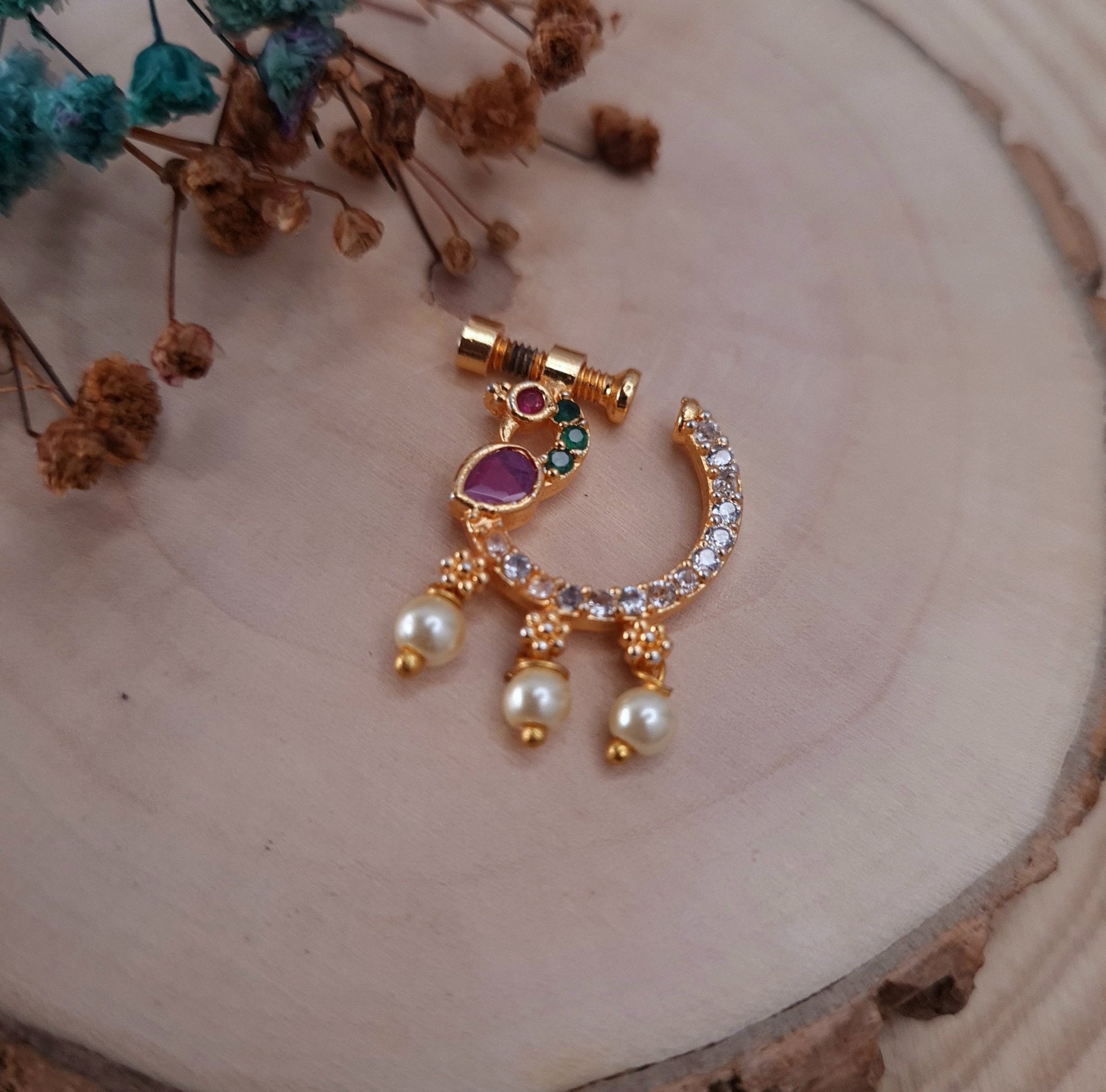 Royal Drop CZ Nose Ring with Pearls jewellery - Nose Ring | Ivvati Art Jewellery
