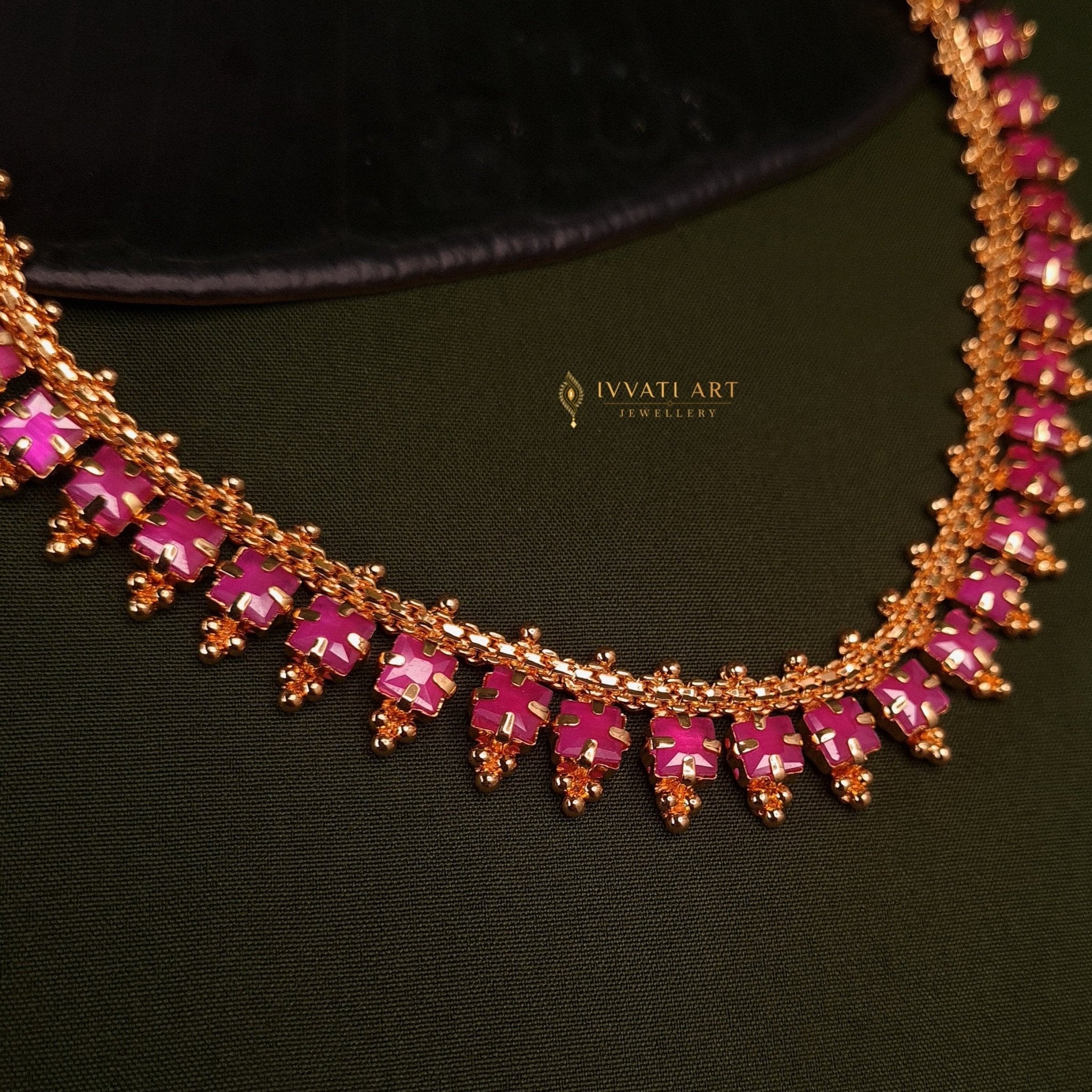 Ruby Pink Stone Necklace Set – Gold - Plated Copper Finish jewellery - Copper | Ivvati Art Jewellery