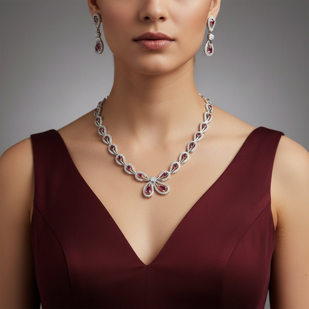Ruby Teardrop Statement Necklace Set with Earrings for Women jewellery - Necklace Set | Ivvati Art Jewellery