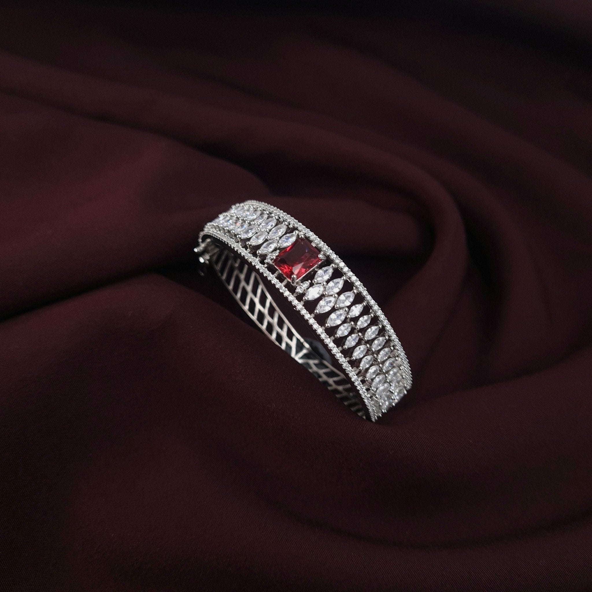 Silver CZ Bracelet with Red Stone – Elegant Festive Design jewellery - Bracelet | Ivvati Art Jewellery