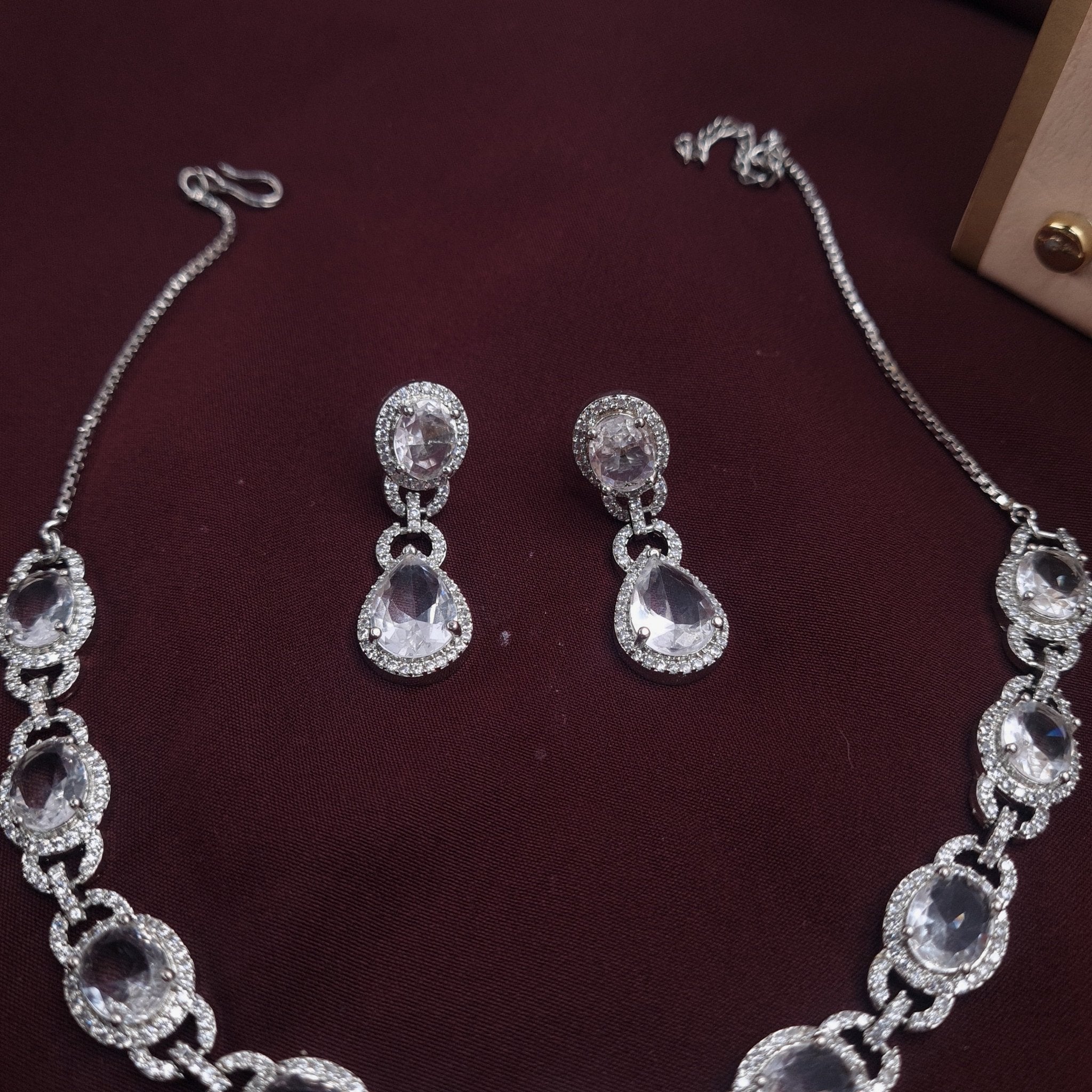 Silver CZ Necklace with Stone Drop Pendant jewellery - JEWELLERY SET | Ivvati Art Jewellery
