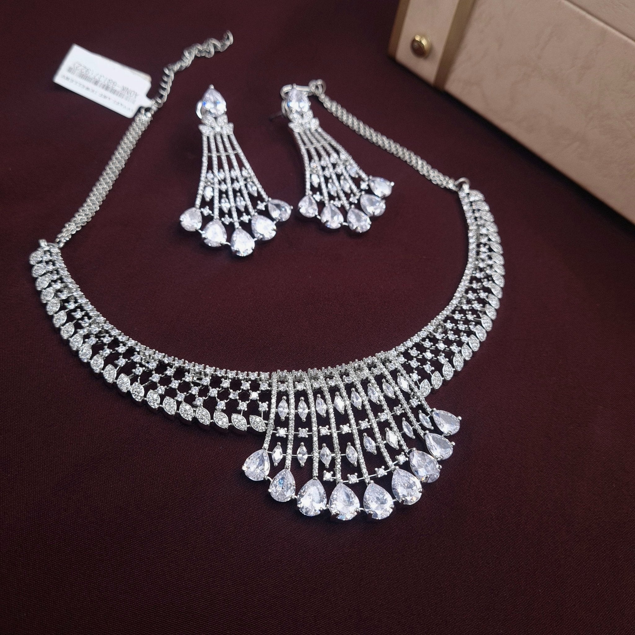 Silver - Plated AD Necklace with Sparkling Stones jewellery - JEWELLERY SET | Ivvati Art Jewellery