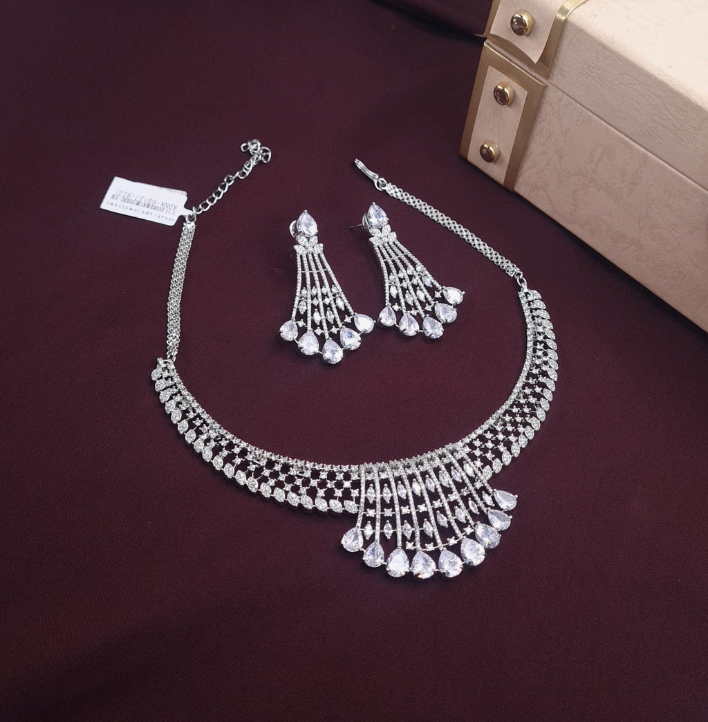 Silver - Plated AD Necklace with Sparkling Stones jewellery - JEWELLERY SET | Ivvati Art Jewellery