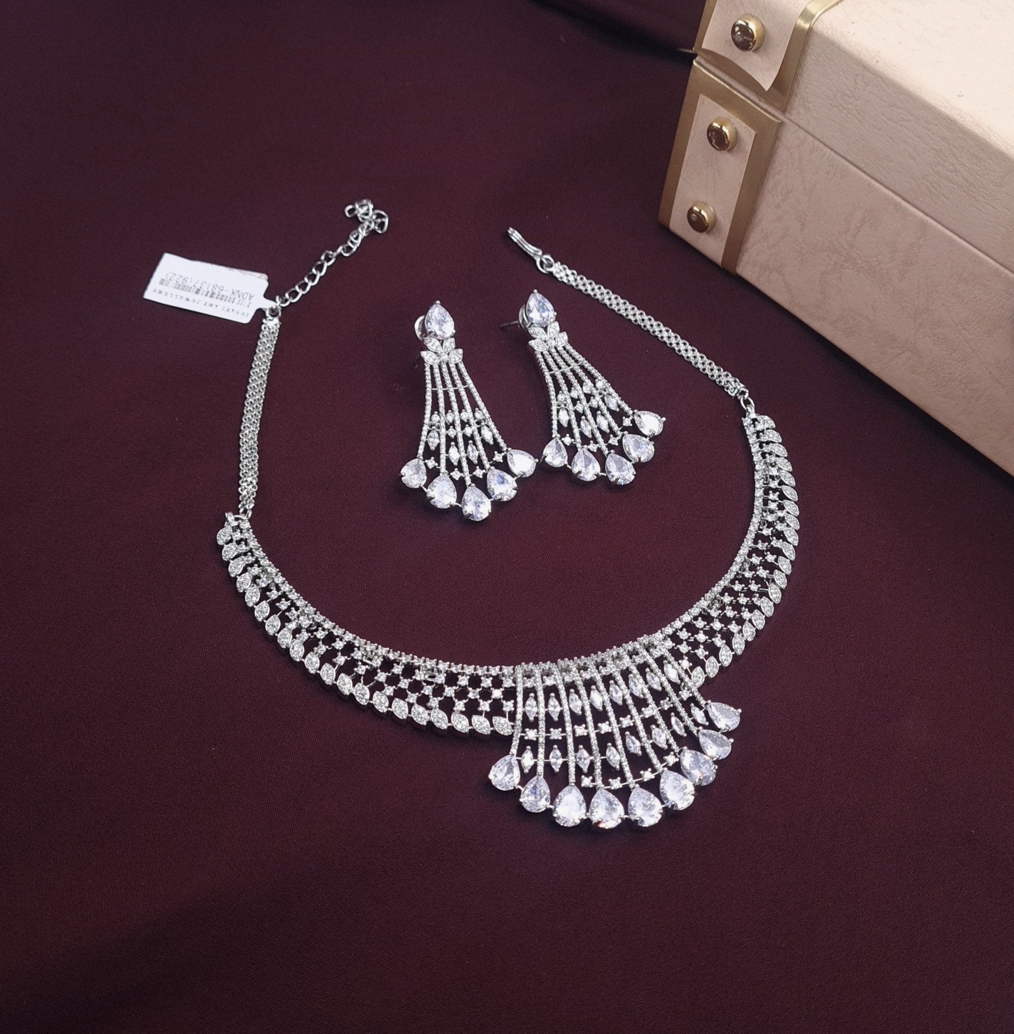 Silver - Plated AD Necklace with Sparkling Stones jewellery - JEWELLERY SET | Ivvati Art Jewellery
