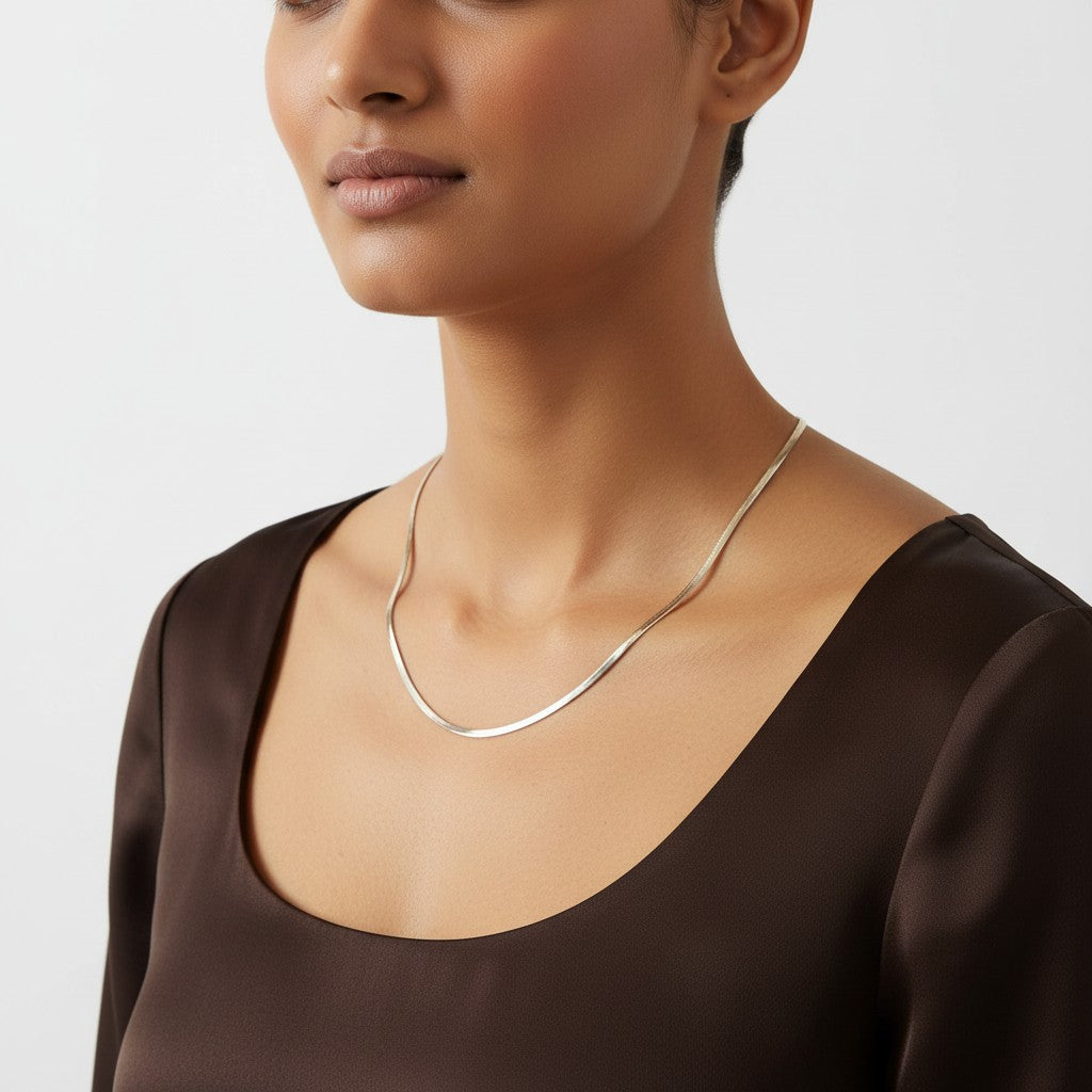 Silver snake chain necklace for women with smooth flexible herringbone design | Ivvati Art Jewellery