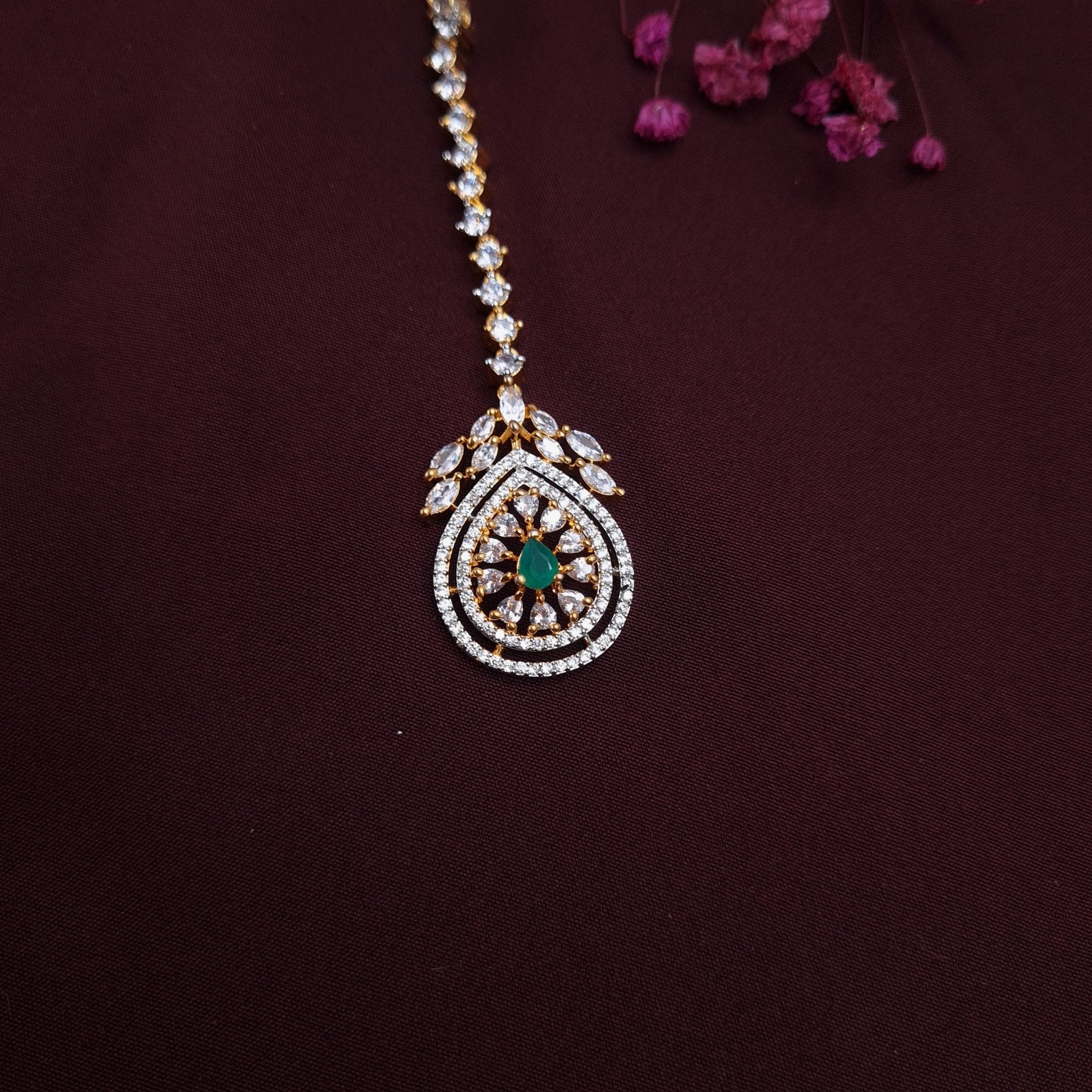 Teardrop Emerald Maang Tikka with Floral Zircon Detailing – Elegant Bridal Headpiece jewellery - Maangtikka | Ivvati Art Jewellery