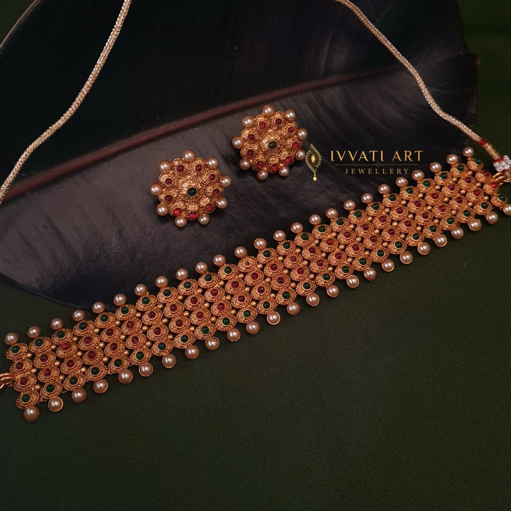 Traditional Choker Set with Red - Green Stones jewellery - Copper | Ivvati Art Jewellery