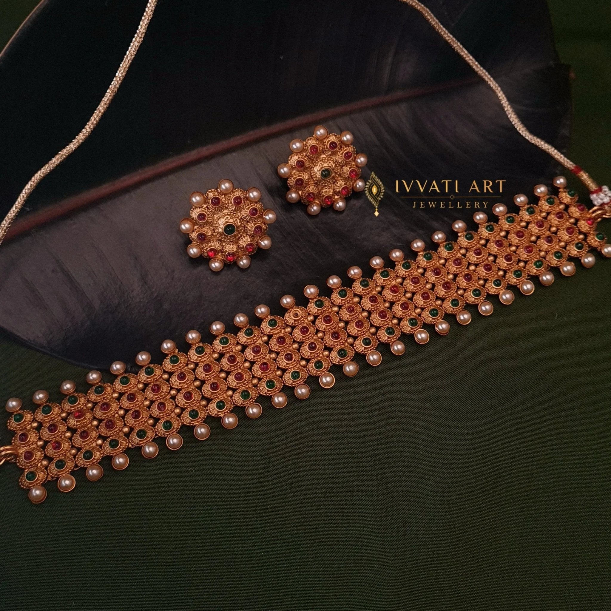 Traditional Choker Set with Red - Green Stones jewellery - Copper | Ivvati Art Jewellery