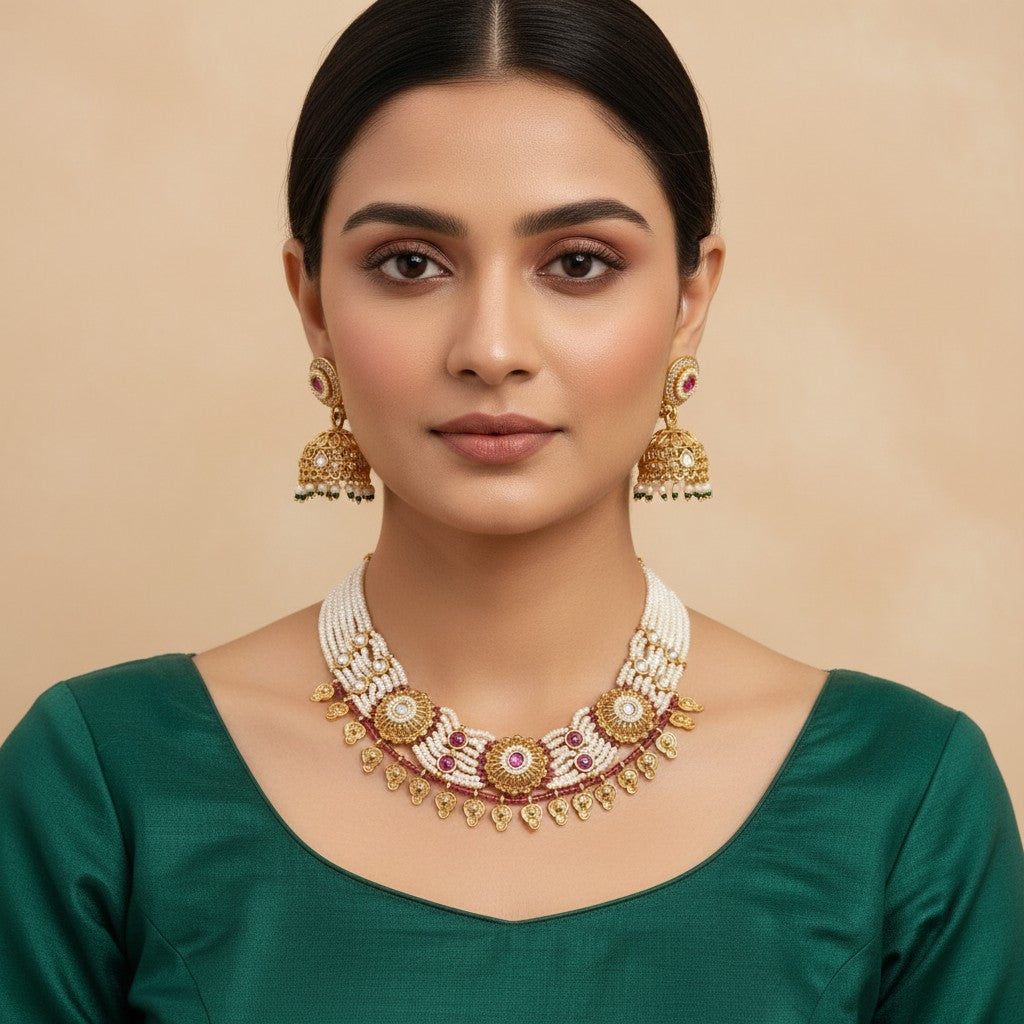 Traditional gold finish multi-strand pearl necklace with matching Jhumka earrings by Ivvati